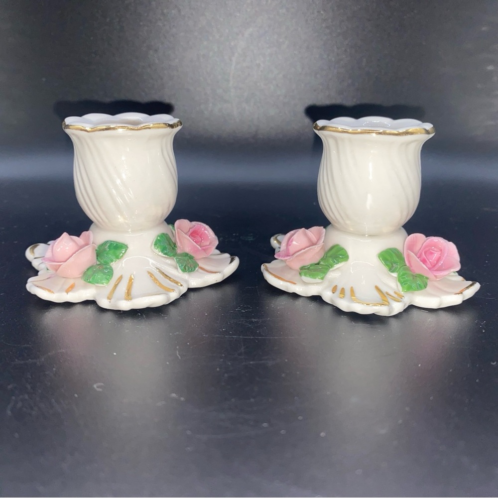 Dresden Pink Rose Candle Stick Holders W/Gold Trim Set Of 2 VTG